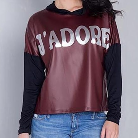 Decibel Tops - BURGUNDY AND BLACK "J'ADORE" SILVER GRAPHIC HOODIE